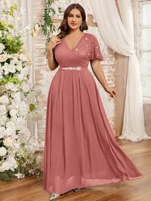 Butterfly Sleeve V-Neck Floral Lace Patchwork Chiffon Diamond Belt Long Evening Dress, Suitable For Wedding Guests, Valentine's Day, Summer, Birthday, Graduation, Back To School And Other Occasions - Dusty Pink - View 11