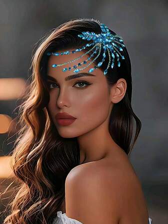 1件优雅新娘侧梳发饰，蓝色水晶水钻头饰，适合婚礼、派对、舞会、节日礼物、情人节配饰