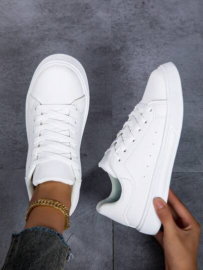 Women's White Sneakers With Decorative Details And Lace-Up Design, Casual Style Sport Shoes