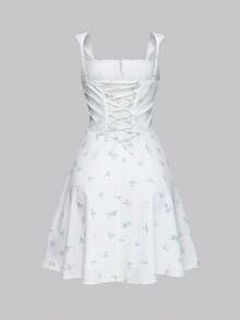 浪漫碎花印花修身迷你连衣裙，春夏 - 白色 - 查看 2