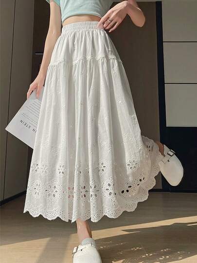 手工钩编刺绣纯色蕾丝中长A字裙，休闲春季款，2026