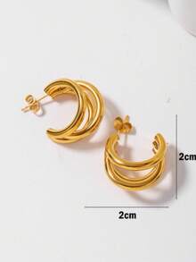 A Pair Of 18k Gold Jewelry Three-Layer Stud Earrings, Elegant Stainless Steel Geometric-Shaped Luxury Earrings For Women, Suitable For Everyday Wear, Parties, And As A Jewelry Gift. - Yellow Gold - View 6