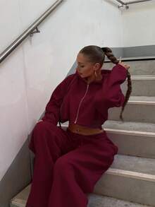 Women Casual Warm Hoodies Sweatshirt And Sweatpants Set - 酒紅色 - 查看 2
