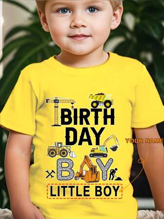 Birthday Boy Excavator Customized Birthday Name Print Graphic Tee, Creative Design Boy Kids Fashion Sports Short Sleeve Top, Fast Shipping