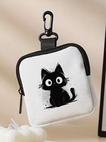 1pc White Background Black Cat Print Data Cable, Charger, Coin Purse & Earphone Storage Bag - Waterproof Zipper Pouch, Multi-Function Mini Storage Case Cable Organizer - Black and White - View 3
