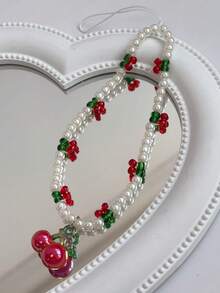 「Cherry Charm With White Beads」 - 3D Cute Fruit Pendant For Phone Strap/CCD Chain/Keyring (Kawaii Acrylic Jewelry, Summer Aesthetic) Gifts For Mother, Family, Friends, Birthday, Holiday Phone Charm, Phone Chain - Red and White - View 3