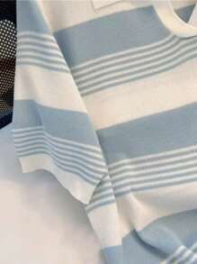 Damen Sommer Strick Polokragen Kurzarm Top mit kontrastierendem Streifendesign und Stickerei