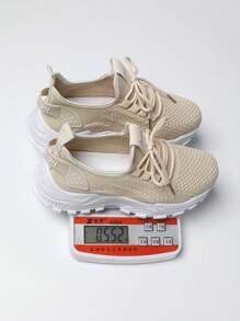 Thick Sole Beige Casual Sports Shoes, Round Toe Lace-Up Knitted Mesh Breathable Flat Light Weight Running Sneakers, All Season