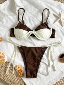 2 pezzi Set bikini da donna, effetto snellente, stile push-up con disegno allegro a laccetti, adatto per spiaggia e feste in piscina estive
