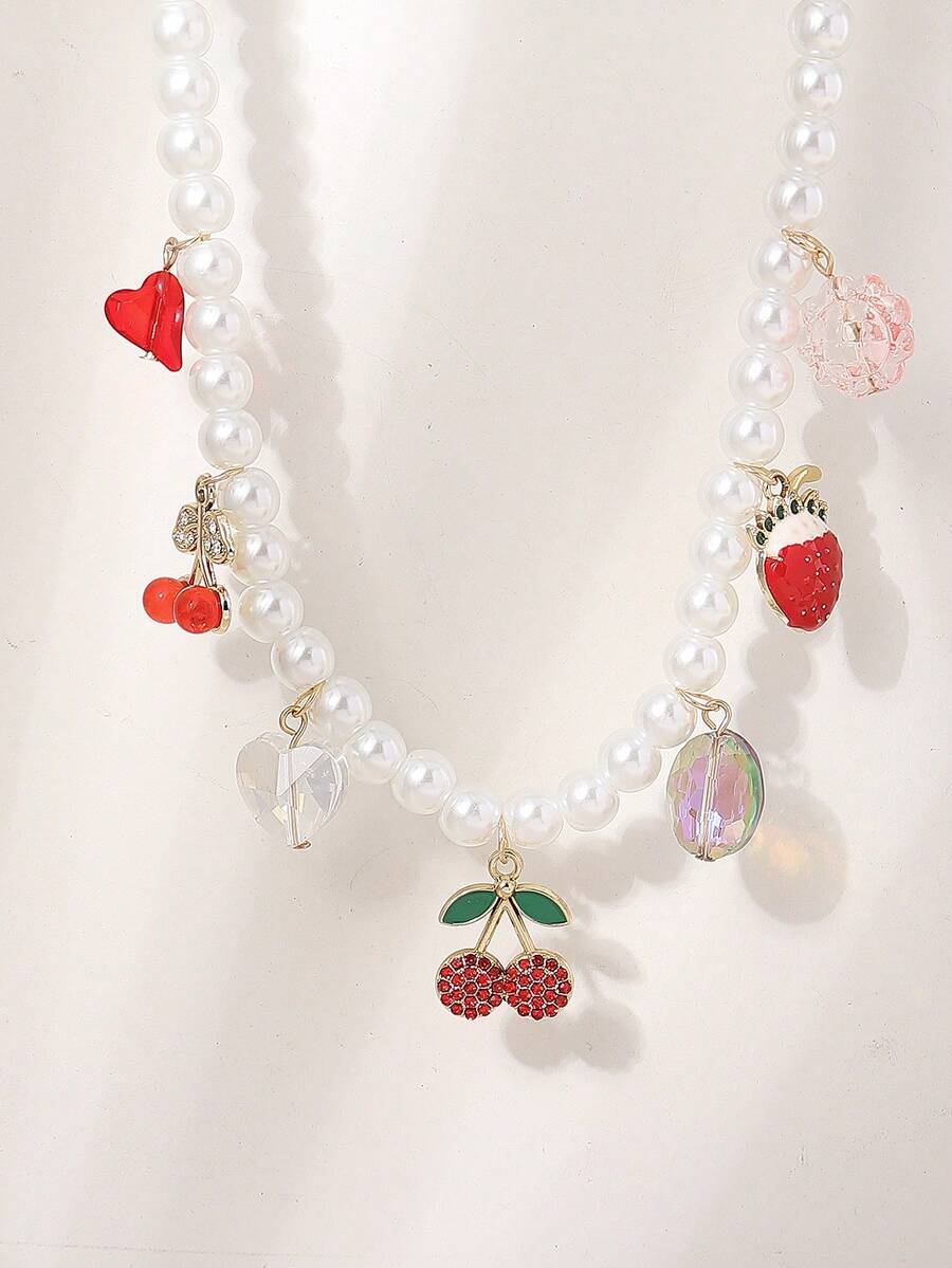 1pc Spring/Summer Elegant Country Style High-End Fashion Handmade Beaded Faux Pearl Crystal Ombre Sunflower, Cherry, Strawberry Pendant Adjustable Necklace, Suitable For Women Gift, Party, Wedding, Travel, Casual Wear - Multicolor - View 1