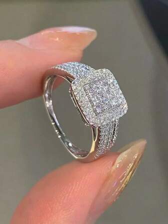 1pc S925 Sterling Silver Square Cubic Zirconia Luxury Ring, Suitable For Gift, Date, Party, Daily Wear, Engagement, Wedding, Bridal Jewelry, Women Premium Accessories