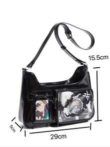 Japan's New Y2K Fashion Shopping Casual Simple Street Commuting Large-Capacity Girls' College Oil Wax Leather Transparent Badge Pain Bag Multi-Functional Shoulder Bag Cross-Body Bag, Can Put Grain, Can Hang Key Chains, Can Put Postcards, Street & Japanese Bag For Women - Black - View 7