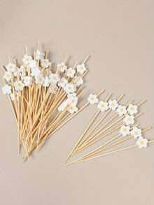 100pcs Sweet Daisy Theme Disposable Food Picks Flower Dessert Fruit Forks - Wooden Toothpick Sticks, Perfect For Drinks, Desserts, Appetizers, Fruit & Dessert Decorations, Party, Wedding, White Faux Pearl Mini Food Picks For Decoration, Kitchen, Summer Parties - Durable, Fun Drink Accessories - Multicolor - View 4