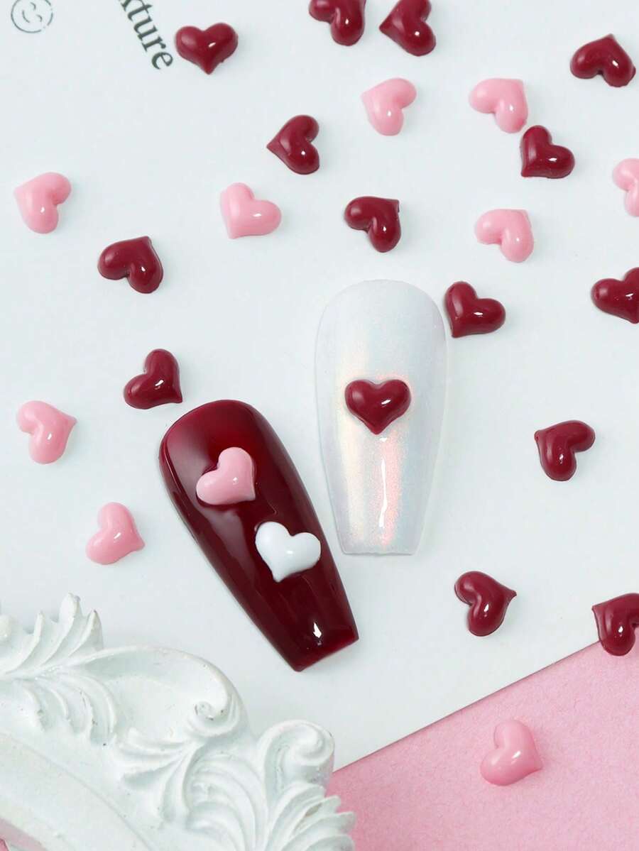 Spring Summer Kawaii Mini Heart Nail Charms Cute Sweetheart Pink Burgundy Mixed Nail Art Decorations 50pcs 3D Resin DIY Valentine's Day Nails Gems Gift For Girls Phone Cases Shoes Clothes Bags Crafts Nail Supplies - Multicolor - View 1
