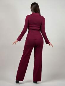 Andrea Bello 女士春秋冬优雅商务通勤套装酒红色休闲简约针织毛衣套装安科拉红色毛衣2件套酒红色针织开衫与裤子套装