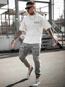 男式休闲图案印花圆领短袖 T 恤 - 白色 - 查看 5