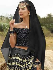 4pcs Belly Dance Costume Set, Including Chiffon Hip Scarf, Headscarf With Coins, And 2pcs Coin Bracelets, Halloween Theme - Multicolor - View 4