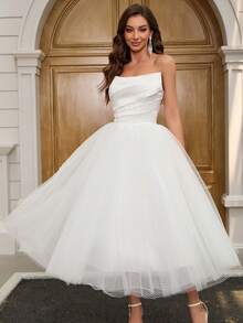 YUMIBRAVO 优雅纯色网眼拼布露肩婚纱 - 白色 - 查看 3