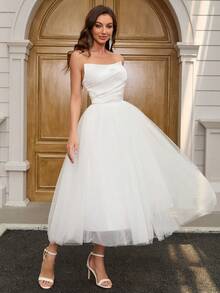 YUMIBRAVO 优雅纯色网眼拼布露肩婚纱 - 白色 - 查看 5