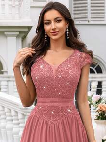 MIUSOL Contrast Sequin Lace Deep V-Neck Cap Sleeve Ruched Hem Evening Party Long Dress, Formal, Gown, For Wedding Guest - Dusty Pink - View 9