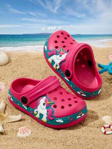 1 Pair Girls' Cute Rainbow Pony Cartoon Fashion Comfortable Casual Lightweight Versatile Open Toe Breathable Slip-On Shoes, Spring/Summer - Hot Pink - View 1