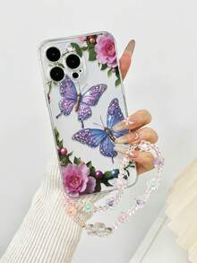 1pc Perforated Transparent Floral & Butterfly Painted Thickened Anti-Fall Protective Phone Case, With Handmade Beaded Flower Bracelet Accessory, Fit For 16/16 Pro/16 Plus/16 Pro Max, 15 Pro Max, 16e, 15, 14, 13, Compatible With Apple P13, P14, P11, P12, XS, XR, 7/8 P, 7/8GES2, Compatible With Galaxy, Compatible With IPhone, Compatible With Redmi,International Version, Not The Domestic Version - Multicolor - View 2