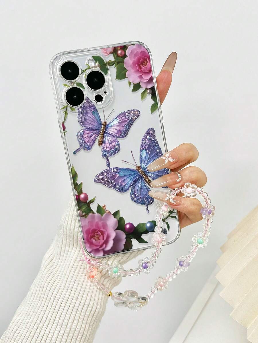 1pc Perforated Transparent Floral & Butterfly Painted Thickened Anti-Fall Protective Phone Case, With Handmade Beaded Flower Bracelet Accessory, Fit For 16/16 Pro/16 Plus/16 Pro Max, 15 Pro Max, 16e, 15, 14, 13, Compatible With Apple P13, P14, P11, P12, XS, XR, 7/8 P, 7/8GES2, Compatible With Galaxy, Compatible With IPhone, Compatible With Redmi,International Version, Not The Domestic Version