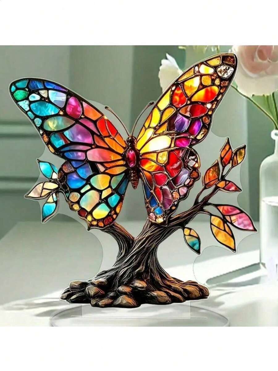 1 件彩色玻璃蝴蝶和生命之树饰品，创意 2D 生命之树图案，情人节专属明亮家居和办公室装饰，情侣之间的爱情礼物，送给女性的完美礼物，周年纪念派对，浪漫礼物 - 彩色 - 查看 1