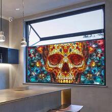 1 Rolle leicht zuschneidbare einseitig bunte Skelett Fensterfolie mit Frosteffekt, statische Haftung ohne Klebstoff, Buntglas Fensterfolie Kunst Dekoration, Fensteraufkleber, Fenstersticker
