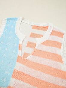 Acelitt Summer 4th Of July Independence Day Beige American Flag Slit Collar Loose Sweater Vest Spring - Multicolor - View 8