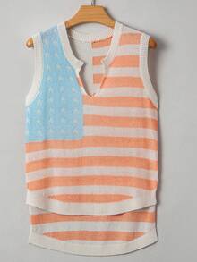 Acelitt Summer 4th Of July Independence Day Beige American Flag Slit Collar Loose Sweater Vest Spring - Multicolor - View 5