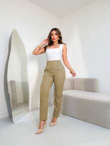 FASHION MO FEMININE - 3283 Tailored Pants, High Waist, With Side Pockets, Straight Leg, Elegant, Formal, Modern, Blogger, Vibrant Colors National Shipping New Collection - Brown - View 4