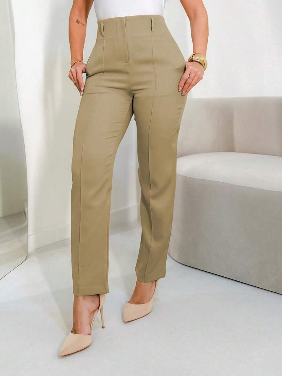 FASHION MO FEMININE - 3283 Tailored Pants, High Waist, With Side Pockets, Straight Leg, Elegant, Formal, Modern, Blogger, Vibrant Colors National Shipping New Collection - Brown - View 1