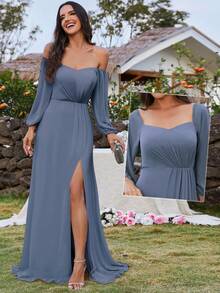 Elegante abito da damigella d'onore in chiffon blu polveroso con scollo a cuore, spalle scoperte e spacco sulla coscia, abito formale primaverile - blu polveroso - Visualizzare 6