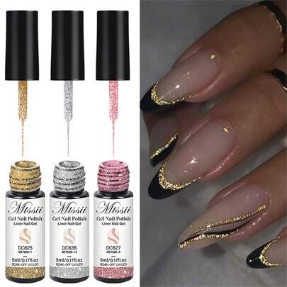 Mtssii 3PCS Reflective Glitter Liner Gel Nail Polish Set Gold Silver Pink Black Red Color Bright Sparkling French Pink Paint Spider Liner Gel Semi Permanent Nail Painting UV Gel Superflash Style Pull Line Graffiti Painting Stripe DIY French Nail Design Soak Off Nail Vanish Nail Supplies Nails