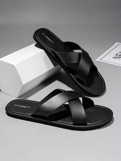 صندل رجالي أسود مريح وعصري، صندل مسطح كاجوال بتصميم متقاطع، أحذية استحمام