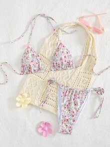 2pcs/Set Women Sexy Ditsy Floral Ruffled Bikini Swimsuit Set - Multicolor - View 2