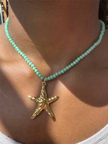 Colorful Beaded Necklace With Starfish And Shell Pendant, Stainless Steel Spring Ring Choker, Spring/Summer