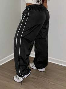 LovelyWholesale Pantaloni larghi da donna di moda, semplici e versatili, con vita elastica e coulisse, a righe in patchwork, gamba dritta, orlo regolabile, adatti per l'autunno e l'inverno