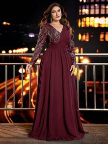 Plus Size Sequins Chiffon A-Line V-Neck Long Sleeve Formal Evening Gown, Party Dress, Wedding Guest Dress, Evening Dress - Burgundy - View 6