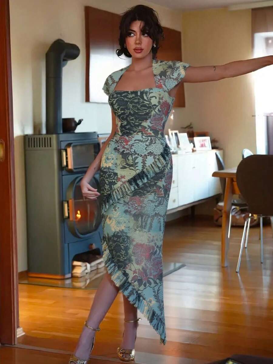 女式波西米亚风中长连衣裙秋季新品，休闲网眼 A 字形荷叶边下摆性感约会夜出圆领紧身裙 - 綠色 - 查看 1