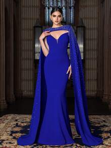 Faeriesty Abaya Elegant Gorgeous Two Pieces Rhinestone-Embellished Mermaid Gown With Dramatic Shoulder Cape - Perfect For High-End Weddings, Red Carpet Events, Black-Tie Balls, And Awards Ceremonies - Royal Blue - View 4