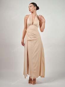 Andrea Bello Robe en mousseline de soie fluide à col V profond et dos nu pour mariage, printemps été
