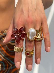 6pcs/Set Vintage Floral & Gemstone Decorated Rings, Women Elegant Baroque Pearl Rings, Punk Hip-Hop Gold Knuckle Rings, Suitable For Daily Wear, Party & Banquet, Festivals, Versatile Fashion Jewelry