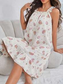 Women's Cute Strawberry Printed Camisole Nightgown Home Dress With Bubble Wrinkle Detachable Padded Bra, Suitable For Valentine's Day Dress, Sleepwear - Beige - View 2