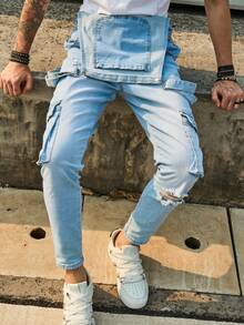 男士 American Workwear 牛仔背带裤，宽松直筒弹力工装裤 - 藍色 - 查看 3