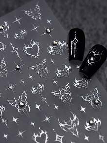 1pc Silver Heart, Star, Butterfly Nail Charm Sticker Diamond Gem Jewelry DIY Art Punk Style 3D Nail Art Decoration Decal Stick It On Your Nails, Apply A Layer Of Clear Nail Polish Or Top Coat On The Surface, And Your Nails Will Look More Beautiful And The Nail Stickers Will Last Longer