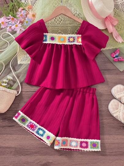 Vihyde Completo casual da vacanza per ragazze con top a scollo a V con volant e maniche e pantaloncini con dettagli intrecciati