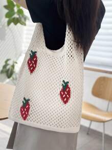 Lightweight,Casual Cute Cartoon Strawberry Pattern Crochet Bag Hollow Out Detail Vacation Style For Teen Girls Women College Students Perfect For College,Outdoors,Travel,Outings,School Bag,Large Capacity,Portable,For Teen Girls Women College Students,White-Collar Workers,Perfect For Work,Back To School,Middle School,High School,College,Vacation, & Cute Strawberry Purse, Perfectly Matching With Crochet Set