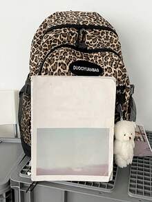 尼龙仿动物纹双肩包，复古原宿风豹纹、斑马纹、奶牛纹，男女通用大容量休闲旅行书包，配有可调节加厚肩带、笔记本电脑隔层和泰迪熊挂饰，秋冬时尚猎豹纹钱包，适合女性作为礼物或音乐节礼物 - 黑色 - 查看 6